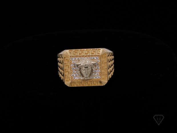 Yellow and White Gold Greek Key Medusa Ring with Diamond Simulates (10k WG, .25cttw)