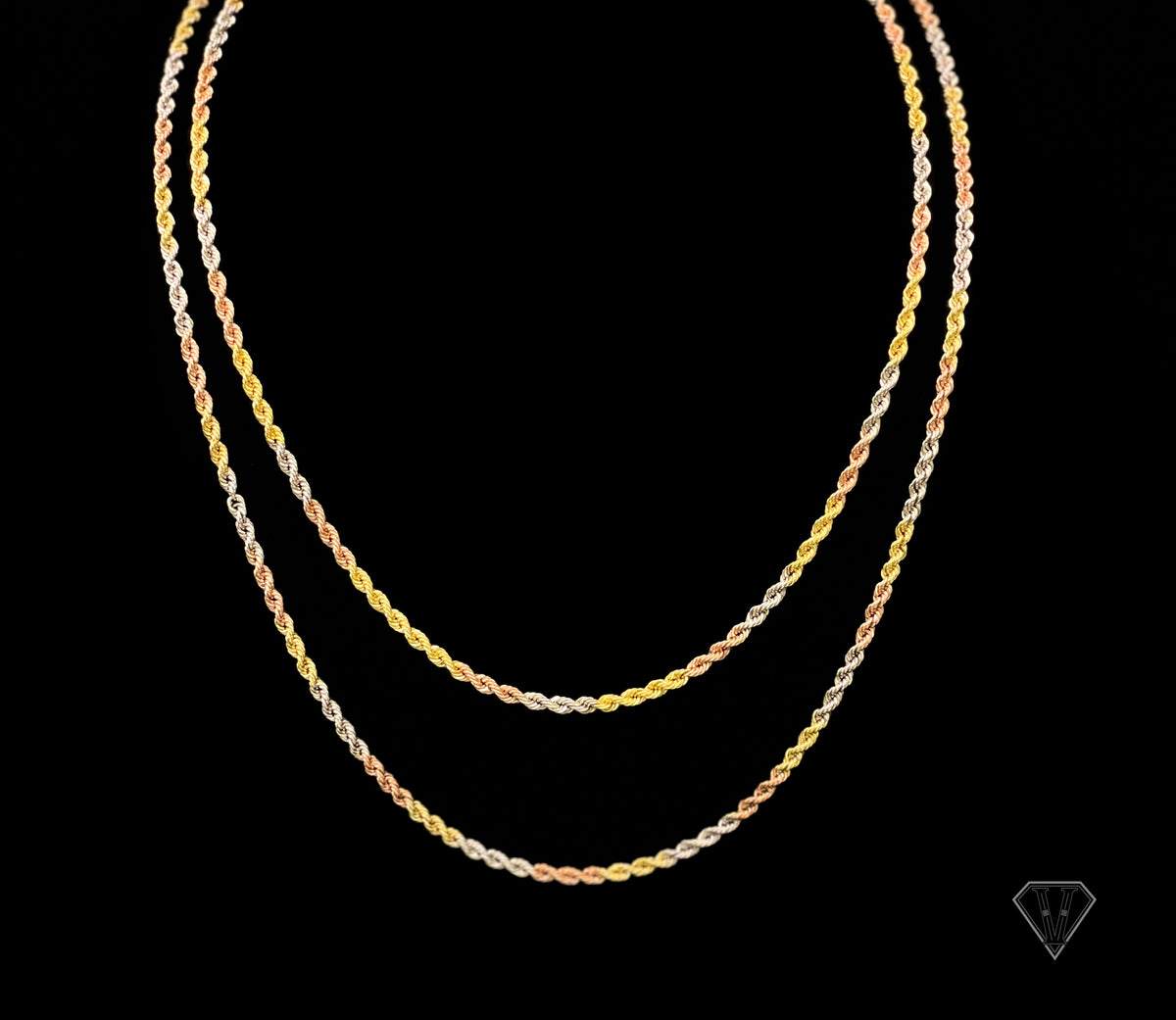 Tri-Tone Rope Link 3.3 mm 10K Rose Gold, White Gold, Yellow Gold Necklace