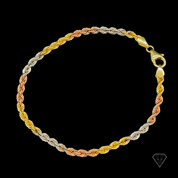 Tri-Tone Rope Link 3.3 mm 10K Rose Gold, White Gold, Yellow Gold Bracelet